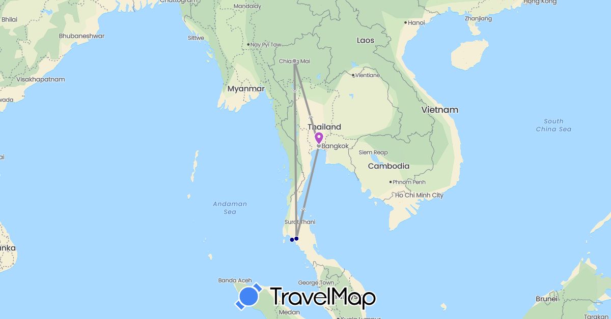 TravelMap itinerary: driving, plane, train in Thailand (Asia)